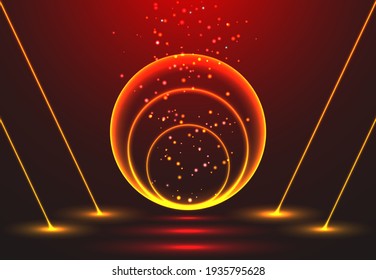 Bright circles and lines on a dark red background.