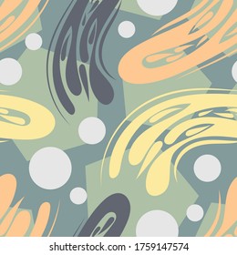 bright circles and pentagons of different sizes, multi-colored curved abstract shapes, stylized as a splash and spray, randomly overlap. motley seamless pattern. vector.