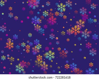 Bright circles and snow flakes falling winter vector background. Snowflake elements vector illustration, confetti chaotic scatter winter background in blue, cyan, magenta, yellow, violet, orange.