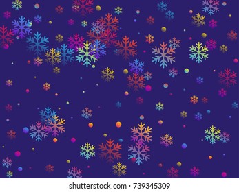 Bright circles and snow flakes falling winter vector background. Snowflake elements vector illustration, confetti chaotic scatter winter background in blue, cyan, magenta, yellow, violet, orange.