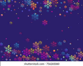 Bright circles and snow flakes falling winter vector background. Snowflake elements vector illustration, confetti chaotic scatter winter background in blue, cyan, magenta, yellow, violet, orange.