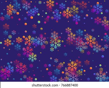 Bright circles and snow flakes falling winter vector background. Snowflake elements vector illustration, confetti chaotic scatter winter background in blue, cyan, magenta, yellow, violet, orange.