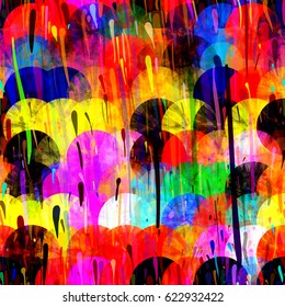 Bright circles and strokes. Seamless texture for fabric, wrapping, home decor. Abstract vector background.