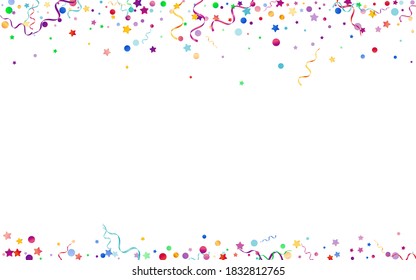 Bright Circles Swirl Vector White Background. Flying Particles Illustration. Confetti Falling Design. Multi colored Carnival Invitation.