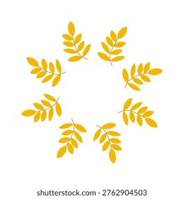 A bright circular arrangement of yellow ash tree leaves, creating a clean and symmetrical autumnal sunburst design. This cheerful vector graphic is ideal for fall sales banners, educational posters about nature, or seasonal social media templates.