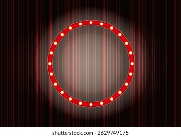 Bright circular marquee sign illuminated against a dark background during a performance setting