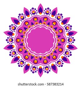 Bright circular ornament consists of simple shapes. Stylized ethnic motive. Mandala in purple and orange colors.