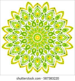 Bright circular ornament consists of simple shapes. Stylized ethnic motive. Mandala in light green and yellow color scheme.