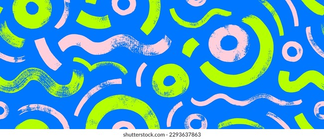 Bright circular shapes and waves seamless pattern. Brush drawn bold curved lines and circles. Trendy vector design with colorful basic shapes. Messy doodles, bold curvy lines. Abstract grunge banner.