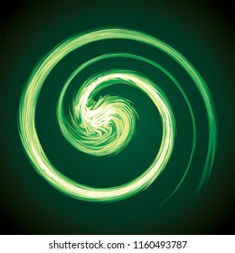 Bright circular white midpoint drawing wave flame shape art design. Fuzzy magic laser sphere form in modern creative fur line style. Lime color power sun boom ball symbol on dark night space for text
