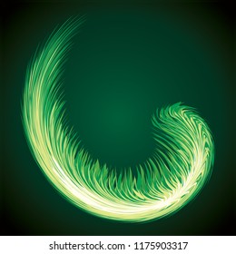 Bright circular white midpoint drawing wave flame shape art design. Fuzzy magic laser sphere form in modern creative fur line style. Lime color power sun boom ball symbol on dark night space for text