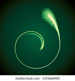 Bright circular white midpoint drawing wave flame shape art design. Fuzzy magic laser sphere form in modern creative fur line style. Lime color power sun boom ball symbol on dark night space for text