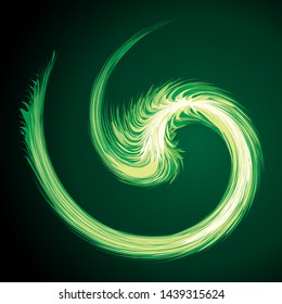 Bright circular white midpoint drawing wave flame shape art design. Fuzzy magic laser sphere form in modern creative fur line style. Lime color power sun boom ball symbol on dark night space for text