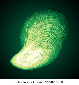Bright circular white midpoint drawing wave flame shape art design. Fuzzy magic laser sphere form in modern creative fur line style. Lime color power sun boom ball symbol on dark night space for text