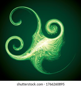 Bright circular white midpoint drawing wave flame shape art design. Fuzzy magic laser sphere form in modern creative fur line style. Lime color power sun boom ball symbol on dark night space for text