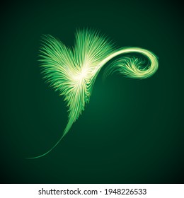Bright circular white midpoint drawing wave flame shape art design. Fuzzy magic laser sphere form in modern creative fur line style. Lime color power sun boom ball symbol on dark night space for text