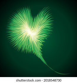 Bright circular white midpoint drawing wave flame shape art design. Fuzzy magic laser sphere form in modern creative fur line style. Lime color power sun boom ball symbol on dark night space for text