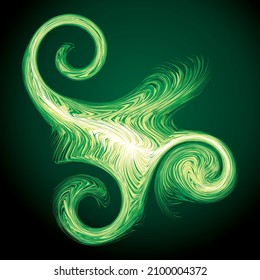 Bright circular white midpoint drawing wave flame shape art design. Fuzzy magic laser sphere form in modern creative fur line style. Lime color power sun boom ball symbol dark night text space element