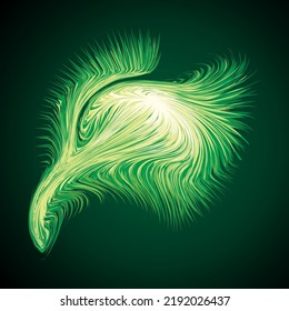 Bright circular white midpoint drawing wave flame shape art design. Fuzzy magic laser sphere form in modern creative fur line style. Lime color power sun boom ball symbol on dark night space for text