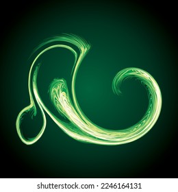 Bright circular white midpoint drawing wave flame shape art design. Fuzzy magic laser sphere form in modern creative fur line style. Lime color power sun boom ball symbol on dark night space for text