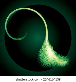 Bright circular white midpoint drawing wave flame shape art design. Fuzzy magic laser sphere form in modern creative fur line style. Lime color power sun boom ball symbol on dark night space for text