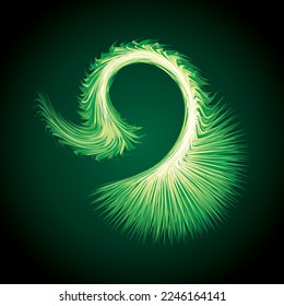 Bright circular white midpoint drawing wave flame shape art design. Fuzzy magic laser sphere form in modern creative fur line style. Lime color power sun boom ball symbol on dark night space for text