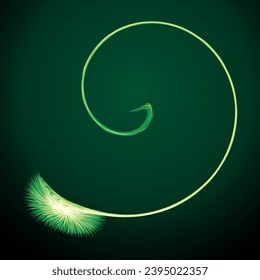Bright circular white midpoint drawing wave flame shape art design. Fuzzy magic laser sphere form in modern creative fur line style. Lime color power sun boom ball symbol on dark night space for text