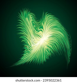 Bright circular white midpoint drawing wave flame shape art design. Fuzzy magic laser sphere form in modern creative fur line style. Lime color power sun boom ball symbol on dark night space for text