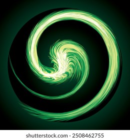 Bright circular white midpoint drawing wave flame shape art design. Fuzzy magic laser sphere form in modern creative fur line style. Lime color power sun boom ball symbol on dark night space for text