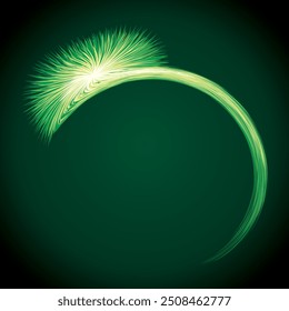 Bright circular white midpoint drawing wave flame shape art design. Fuzzy magic laser sphere form in modern creative fur line style. Lime color power sun boom ball symbol on dark night space for text