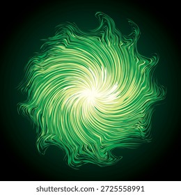 Helle kreisförmige weiße Mitte Zeichnung Welle Flamme Form Kunst Design. Fuzzy magische Laser-Kugelform in modernen kreativen Pelz Linie Stil. Lime Farbe Kraft Sonne Ausleger Ball Symbol auf dunklen Nacht Raum für Text