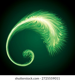 Helle kreisförmige weiße Mitte Zeichnung Welle Flamme Form Kunst Design. Fuzzy magische Laser-Kugelform in modernen kreativen Pelz Linie Stil. Lime Farbe Kraft Sonne Ausleger Ball Symbol auf dunklen Nacht Raum für Text