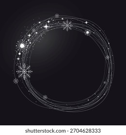 Brilhante grinalda circular de inverno feita de flocos de neve brilhantes e trilhas brilhantes cintilantes em um fundo escuro. Perfeito para cartões de férias elegantes, convites de inverno, banners festivos e desenhos sazonais