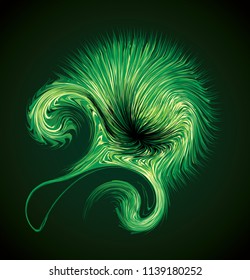Bright circular yellow midpoint drawing furry pom shape art design. Fuzzy magic laser sphere form in modern creative fur line style. Lime color power sun boom ball symbol on dark night space for text