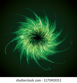 Bright circular yellow midpoint drawing furry pom shape art design. Fuzzy magic laser sphere form in modern creative fur line style. Lime color power sun boom ball symbol on dark night space for text