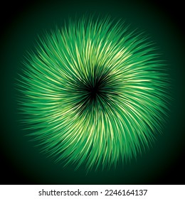 Bright circular yellow midpoint drawing furry pom shape art design. Fuzzy magic laser sphere form in modern creative fur line style. Lime color power sun boom ball symbol on dark night space for text