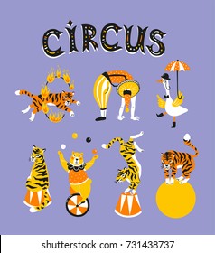 Bright circus design elements -  acrobats, trained animals and text - 'circus'. Vector background.