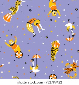 Bright circus endless design -  acrobats, trained animals and stars. Vector seamless pattern.