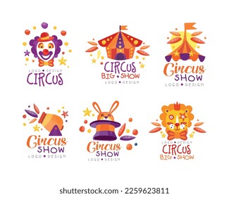 Helles Circus Logo-Design mit Clown, Zent, Cannon, Lion und Hare in Top-Hut-Vektorset