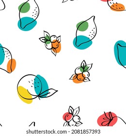 Bright Citrus and Blueberry Vector White Seamless Pattern. Line Apricot and Lime Print. Green and Fuchsia Fruit Cute Illustration.