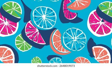 Bright citrus fruits scatter vibrantly across a blue backdrop.
