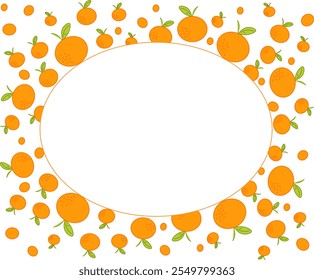 Bright citrus, orange mandarin oval frame. High quality vector graphic art for packages, cards, posters, stationary, menu, food logo, Christmas design.
