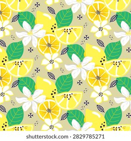 Bright citrus pattern featuring sliced lemons, white flowers, fresh green leaves, navy botanical accents, tiny dots, fine decorative marks, warm cream background. Bold yellow foliage shapes create a lively tropical Mediterranean textile aesthetic through organic rhythm, cheerful contrast, layered repetition, and playful natural movement. Ideal for fabric, wallpaper, packaging, stationery, kitchen accessories, table linens, clothing, home decor, gift wrap, summer merchandise, food branding. Hand-drawn fruit elements provide a modern, contemporary look for versatile seamless surface design.