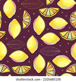 Bright citrus pattern with stylized leaves. Summer background. 