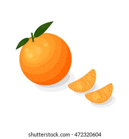 Bright Citrus Tangerine Or Mandarin In Cartoon Style Isolated On White Background.