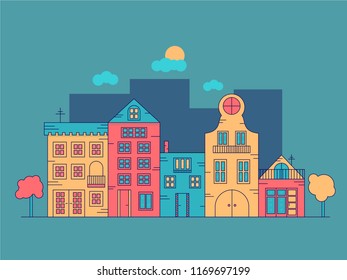 Bright city landscape. Vector editable illustration