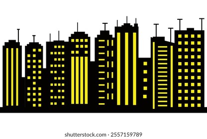 Bright City Skyline Silhouette with Illuminated Yellow Windows on Black Background