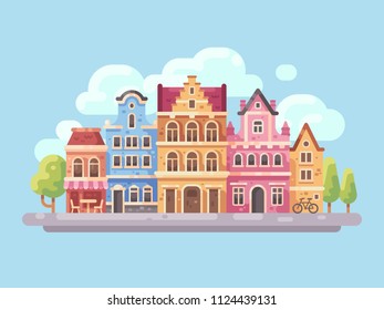 Bright city street with old buildings and cafes flat illustration. European city background.