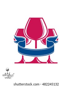 Bright classic vector goblets set with creative red ribbon, party and celebration theme illustration. Lifestyle graphic design elements - entertainment idea.