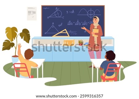 In a bright classroom, a muslim teacher explains geometry concepts on a chalkboard while students actively participate by raising their hands to answer questions